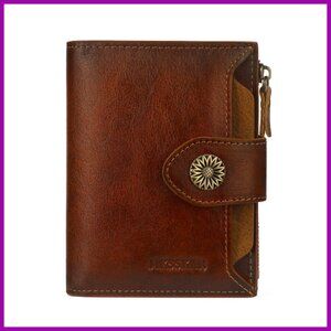 RFID Bifold Leather Wallet with 16 Card Slots & Zipper Pocket